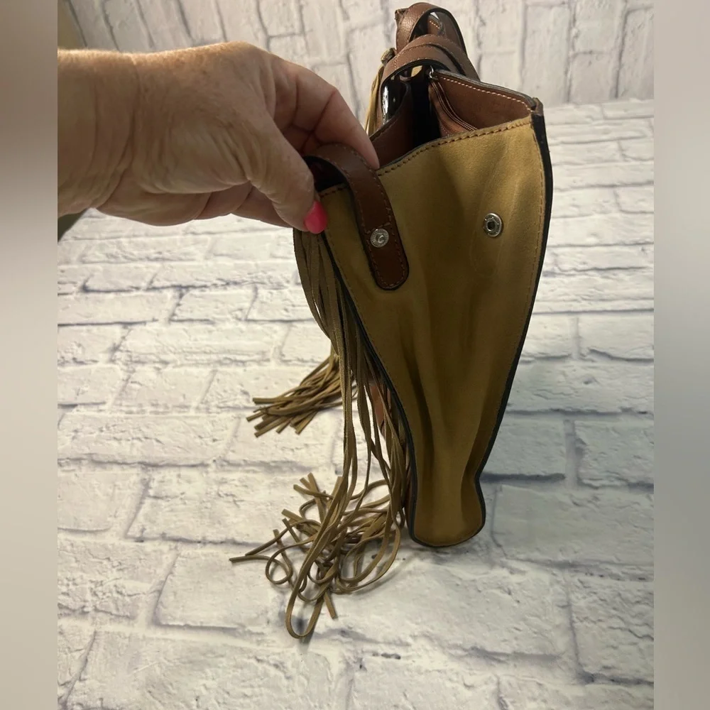 Coastal Cowgirl Brown and Tan Fringe Shoulder Bag w/Turquoise &Rhinestone Bling.